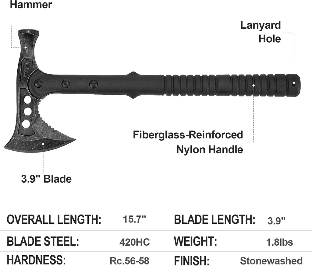 Camping Axe, Survival Chopping Hatchet with Sheath, Tactical Tomahawk with Hammer, Nylon Fiber Handle for Outdoor