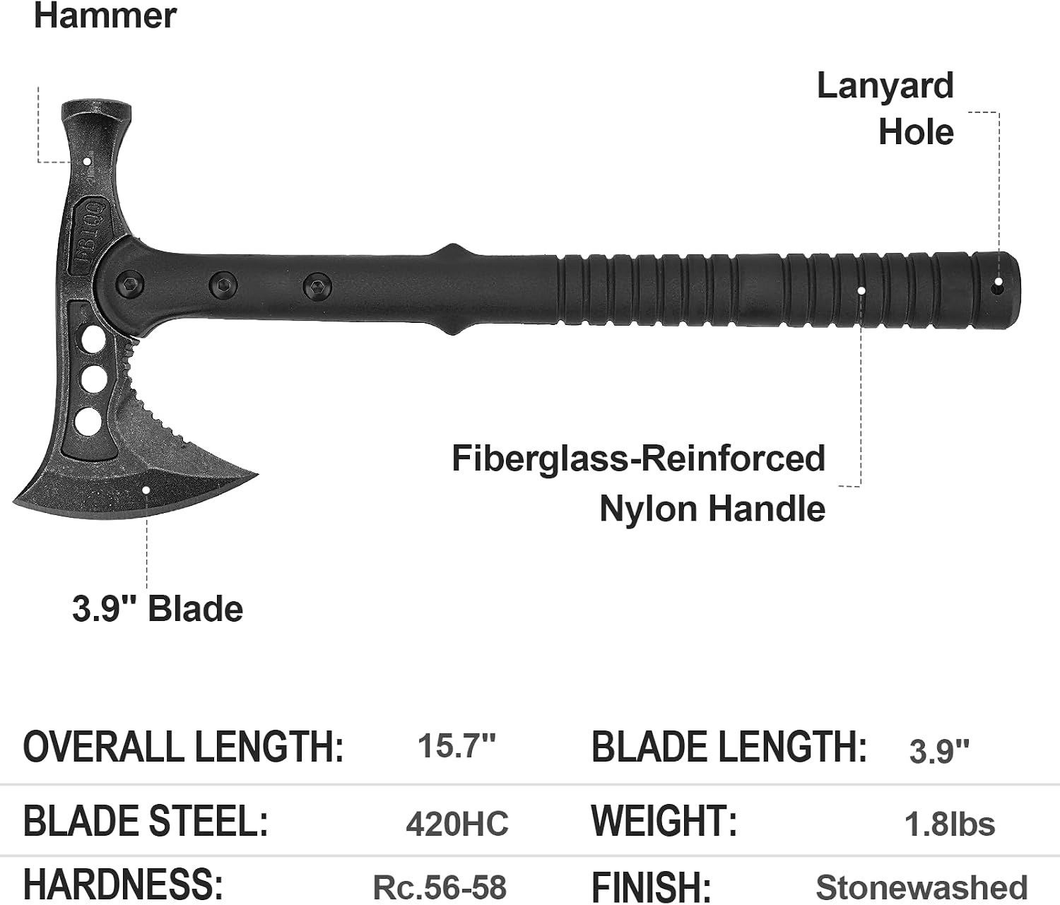 Camping Axe, Survival Chopping Hatchet with Sheath, Tactical Tomahawk with Hammer, Nylon Fiber Handle for Outdoor