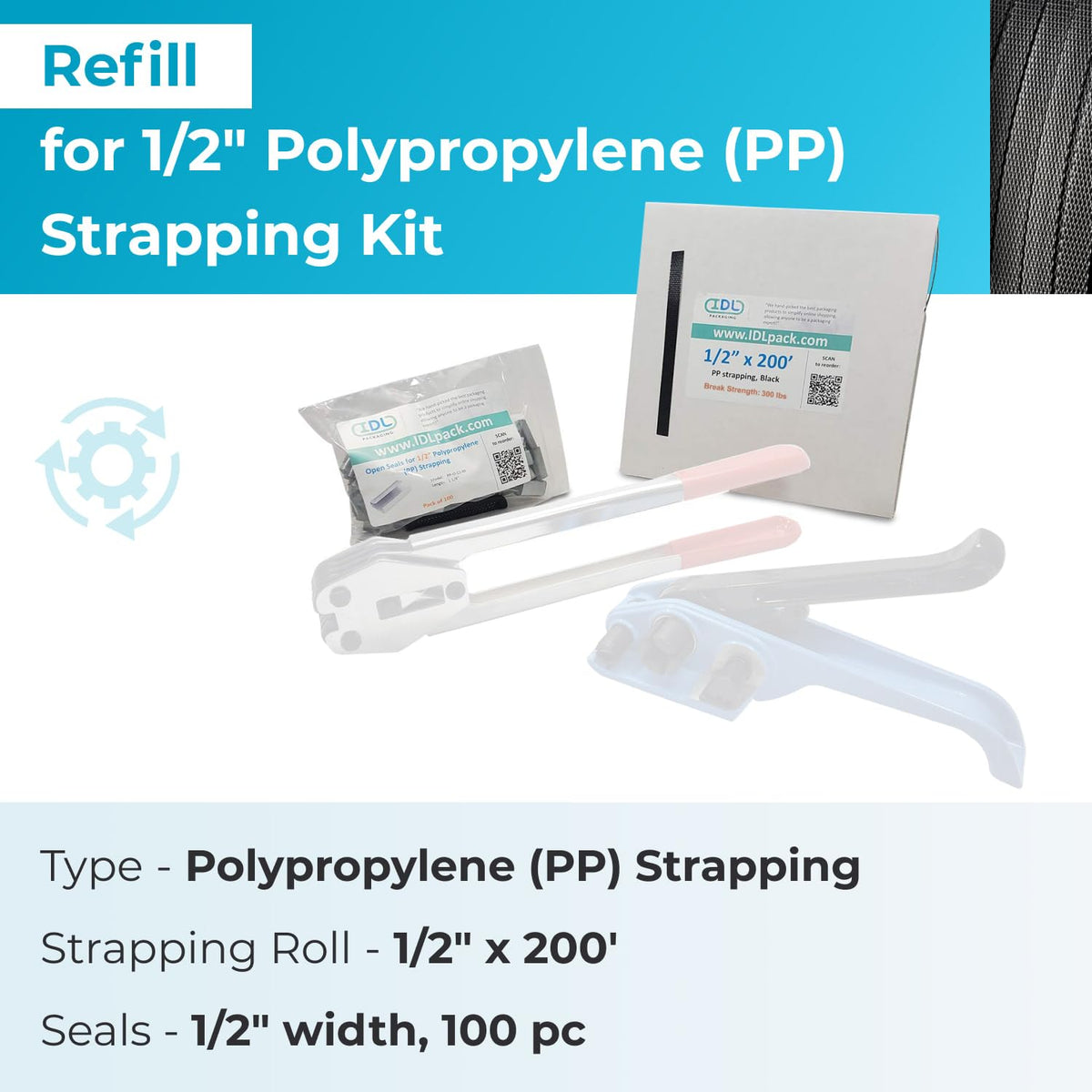 Refill for Portable 1/2" Polypropylene (PP) Strapping Kits - 1/2" x 200' Polypropylene Strapping Coil with 300 lbs