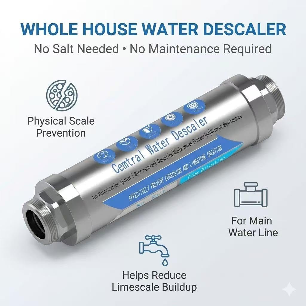Whole House Water Descaler 3/4" NPT – Salt Free Water Conditioner for Main Water Line, Physical Scale Inhibitor Helps