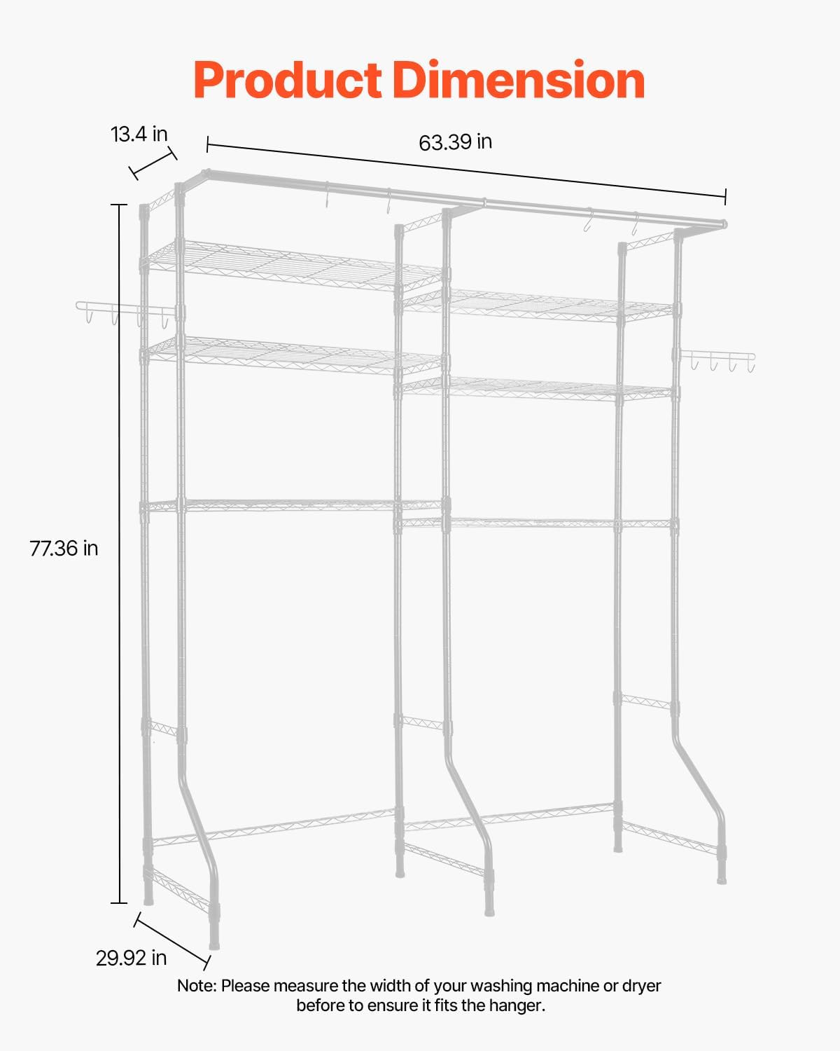 Over the Washer and Dryer Storage Shelf, 6 Tier Laundry Room Drying Rack with Hanger Rod and Hooks, Adjustable Over