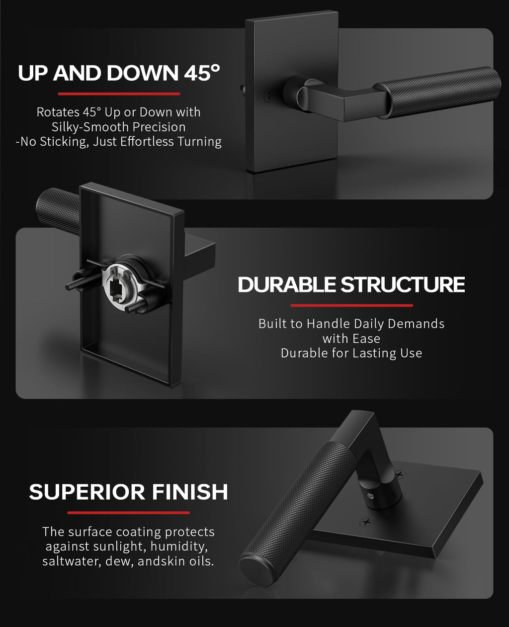 2 Pack Matte Black Solid Heavy-Duty Knurled Front Door Handle Set with Deadbolt, Architectural Grade Modern Entry