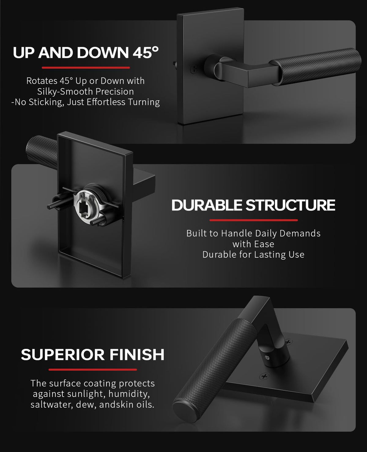 2 Pack Matte Black Solid Heavy-Duty Knurled Front Door Handle Set with Deadbolt, Architectural Grade Modern Entry