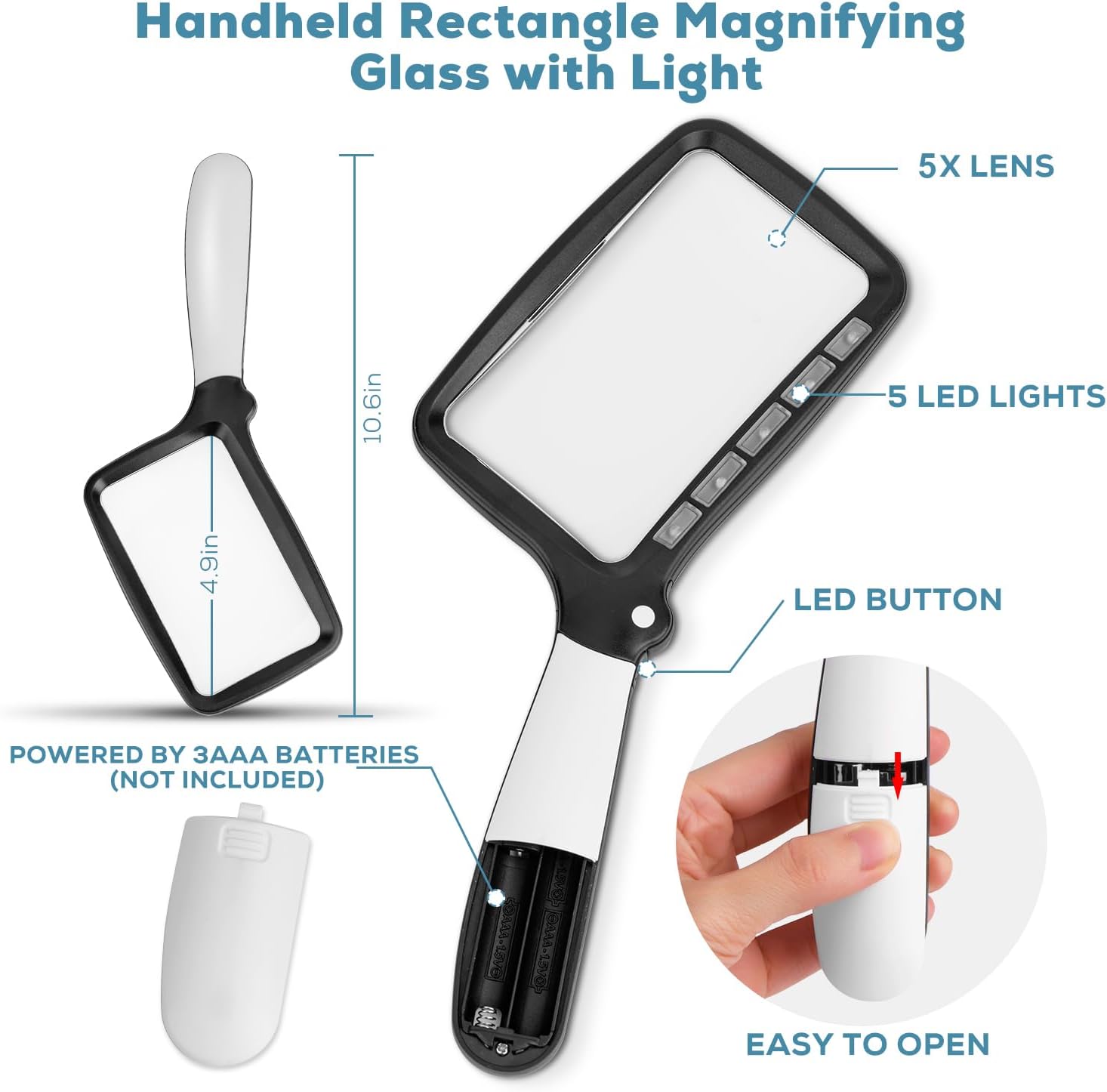 Folding Handheld Magnifying Glass with Light, 5X Large Rectangle Reading Magnifier with Dimmable LED for Seniors with