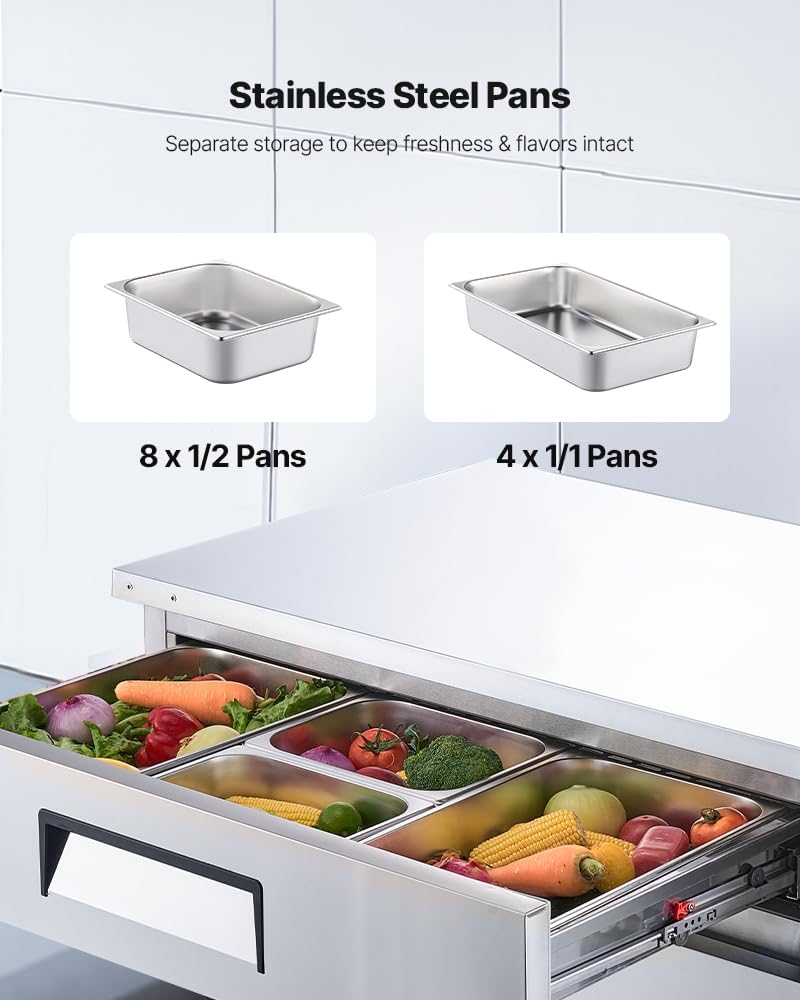 Chef Base Refrigerator, 52" W Commercial Chef Bases Worktop Refrigerators, 2-Drawer Under Counter Fridge with 8 Pans