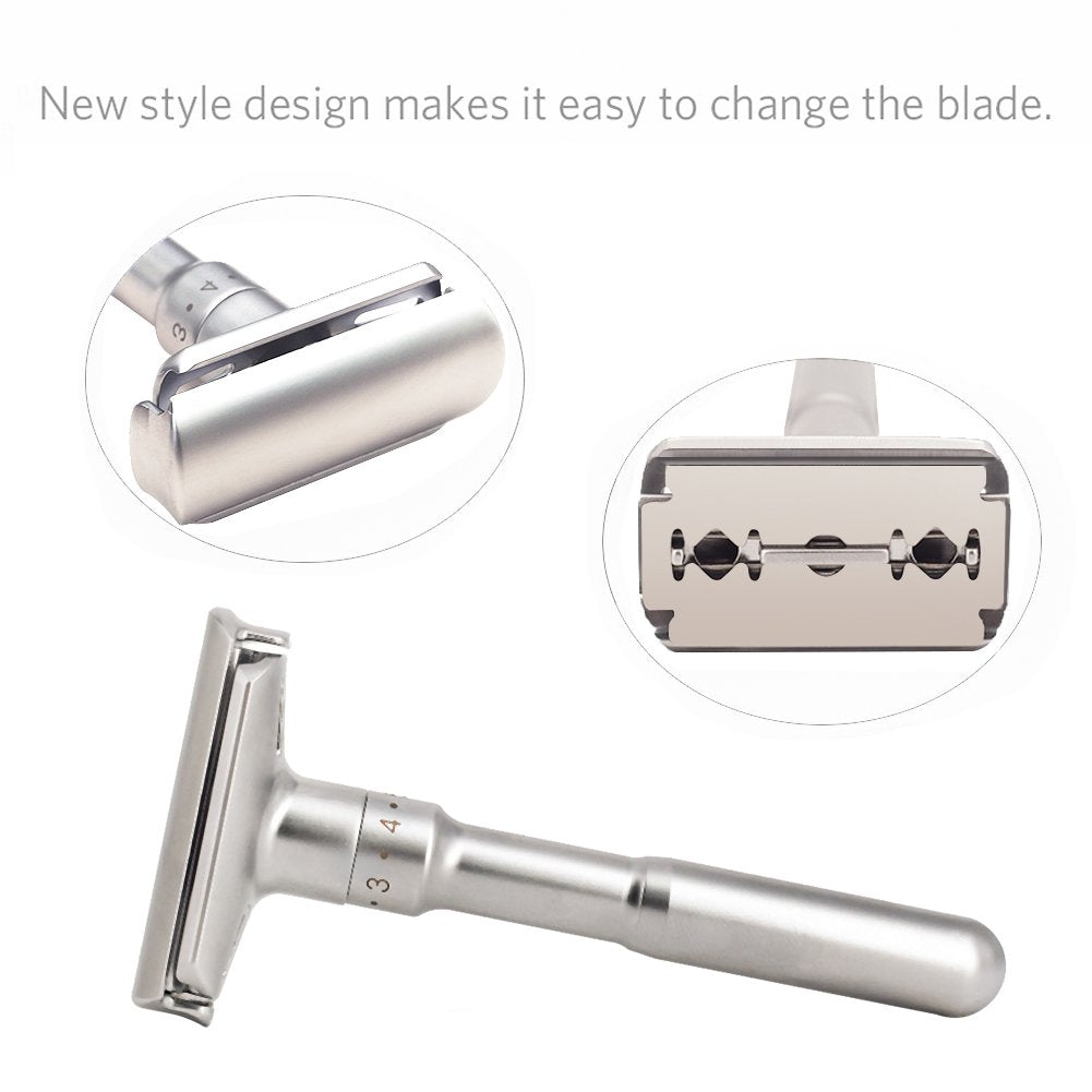 Travel Double Edge Safety Razor, River Lake RZ700 Long Handle Adjustable Classic Safety Shaver Razor (Razor with