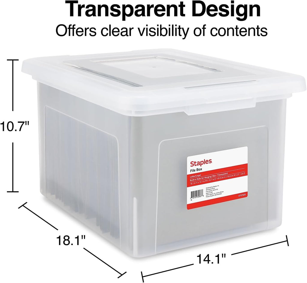 Hanging File Folder Box, Storage Bin Organizer, Snap Lid, Letter & Legal Size Documents, Clear