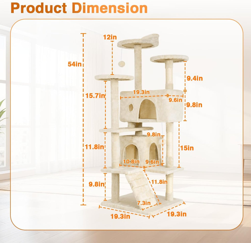 54" Cat Tree Tower | Beige | Multi-Level Indoor Activity Center with Sisal Scratching Posts, Condos, Plush Perches