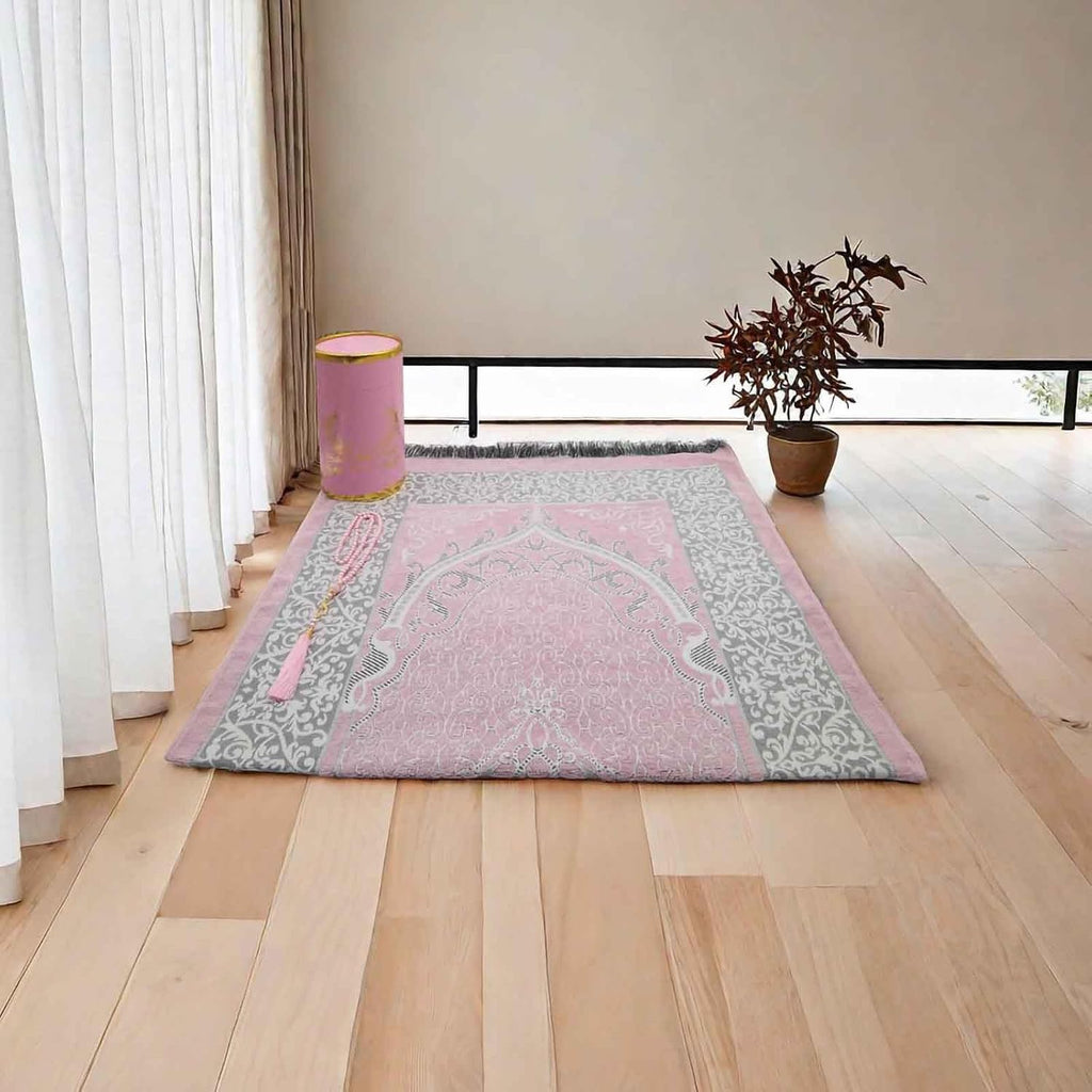 Muslim Prayer Rug and Beads with Gift Box, Soft Islamic Prayer Mat, Islamic Gifts Set, Prayer Carpet Mat