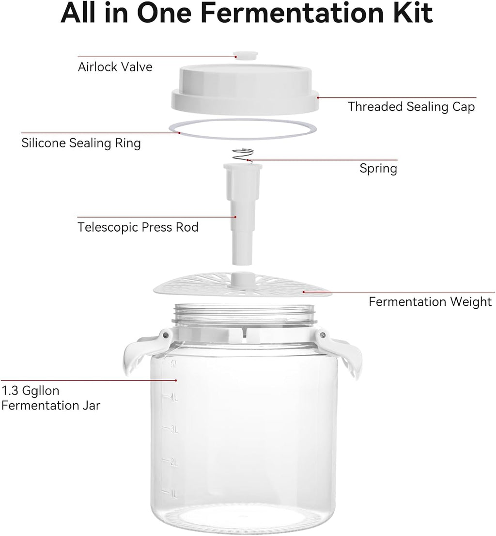 1.3 Gallon Plastic Fermentation Jars - Kimchi Fermenting Container with Auto Weight Press Plate & One Way Exhaust