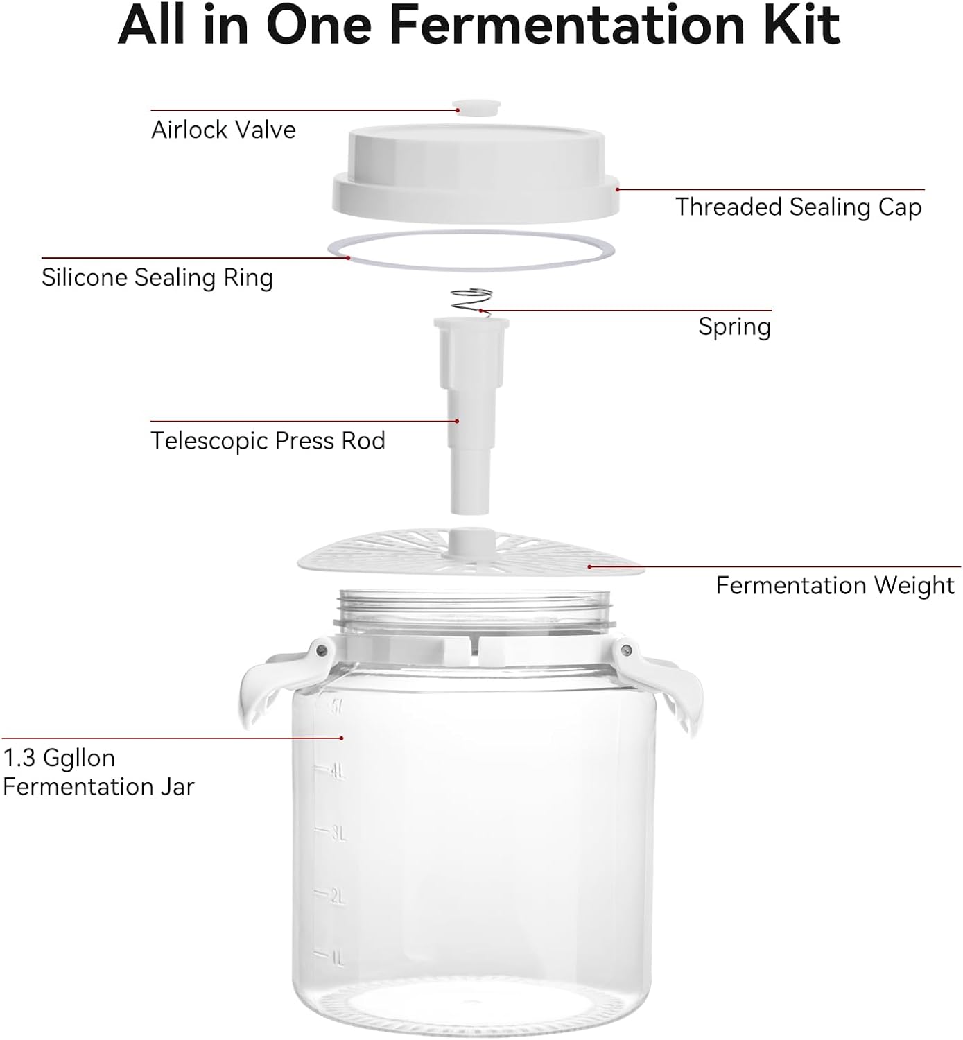1.3 Gallon Plastic Fermentation Jars - Kimchi Fermenting Container with Auto Weight Press Plate & One Way Exhaust