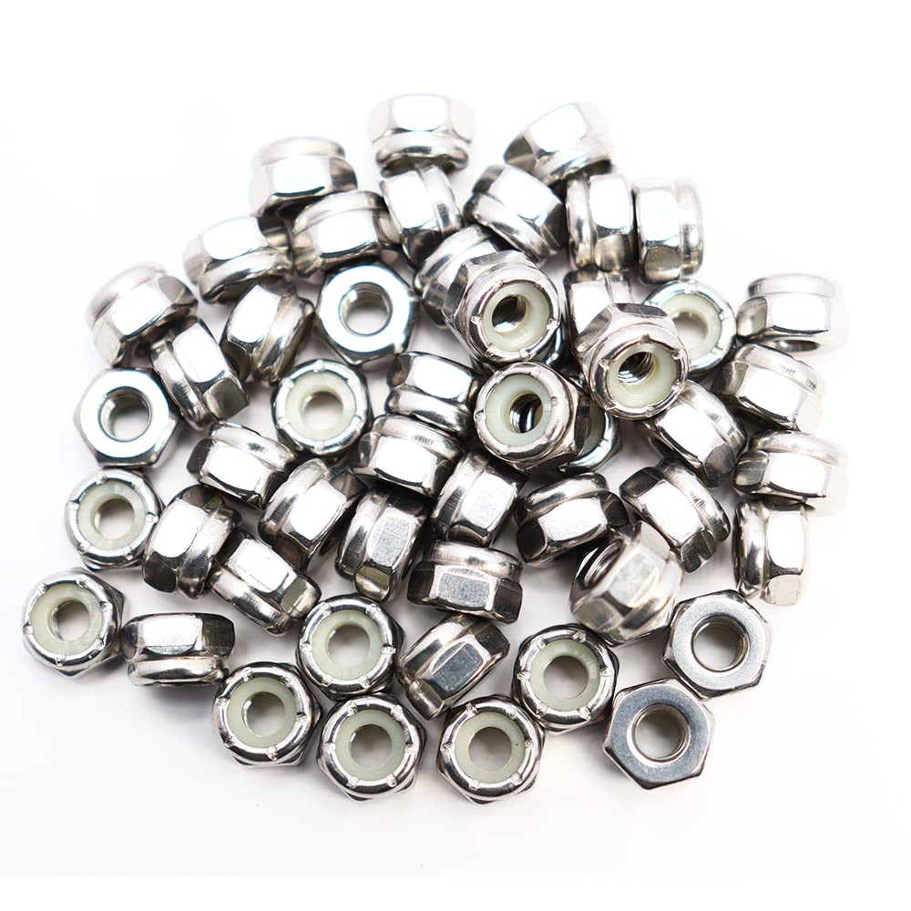 #10-24 Nylon Insert Hex Lock Nuts, 304 Stainless Steel Self-Locking Nuts, Plain Finish, 50 Pack Industrial Construction Fasteners