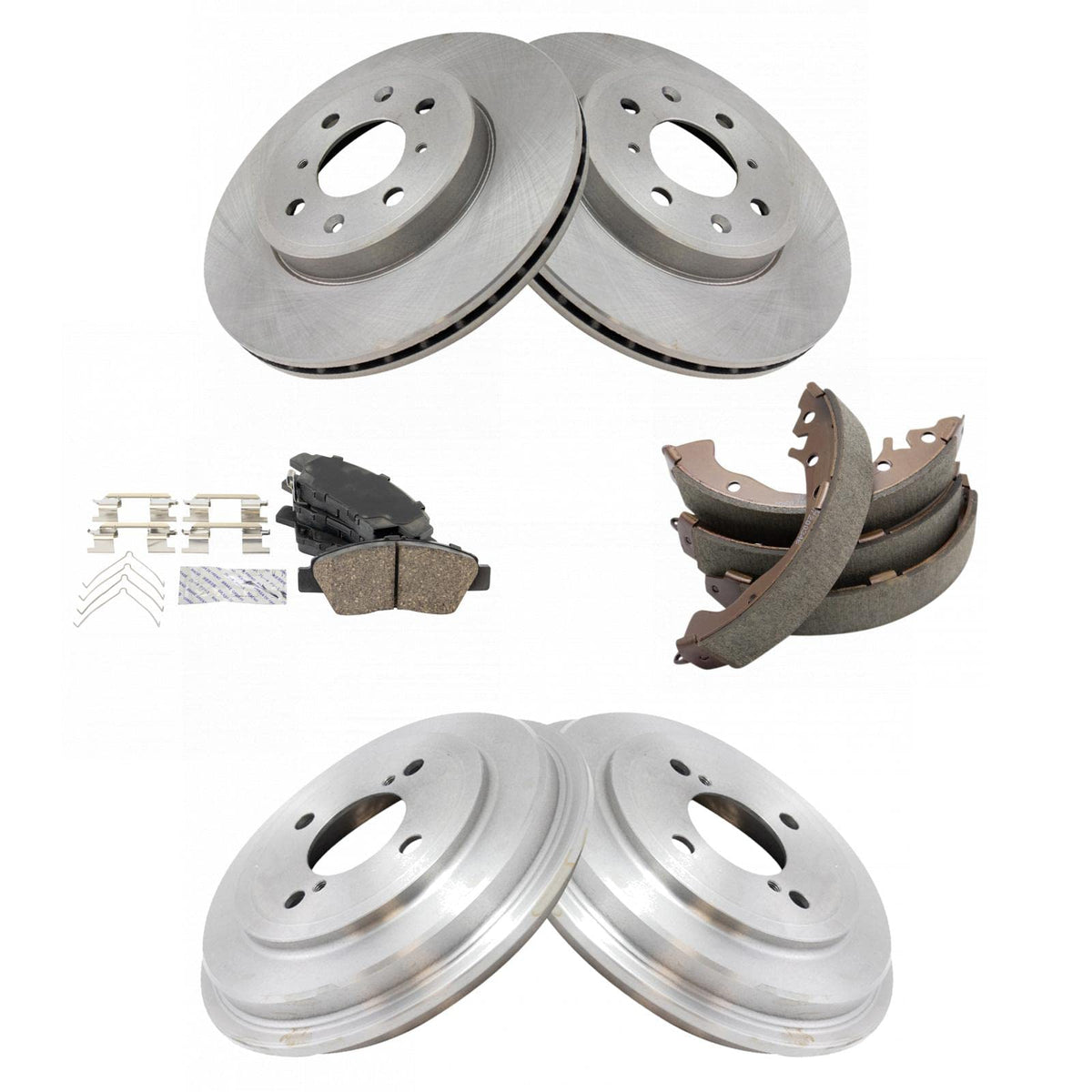 TRQ Front & Rear Ceramic Pads Rotors Drums & Brake Shoe Kit Set