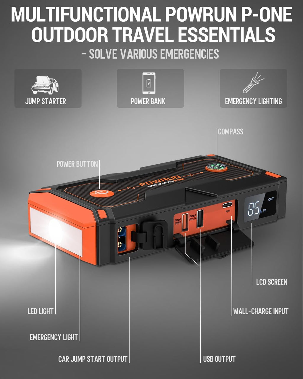P-ONE Jump Starter, 2000A Portable Jump Box - Car Jump Starter Battery Pack for up to 8.0L Gas and 6.5L Diesel