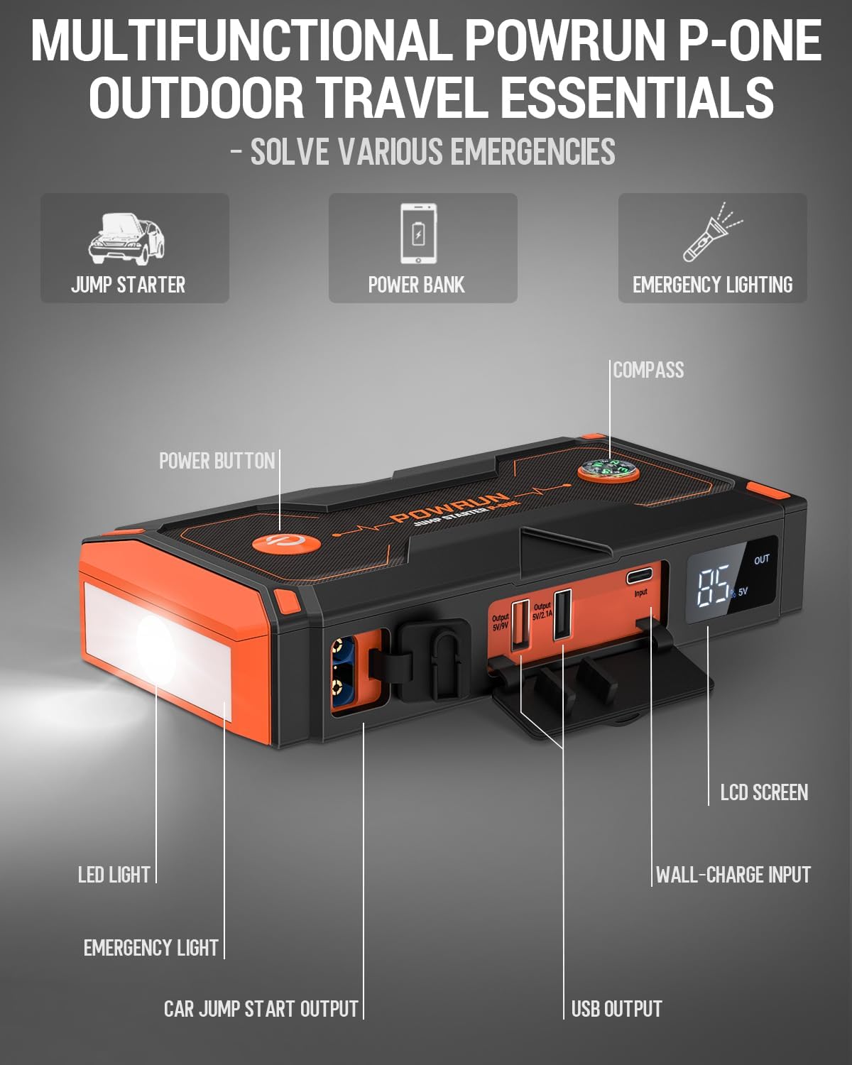 P-ONE Jump Starter, 2000A Portable Jump Box - Car Jump Starter Battery Pack for up to 8.0L Gas and 6.5L Diesel