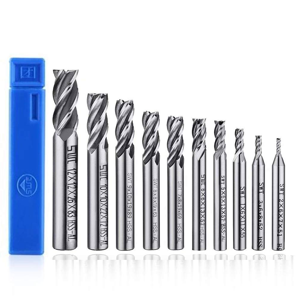 10Pcs 4-Flute End Mill Set, Metric CNC Milling Cutter Drill Bits Set 2-12mm