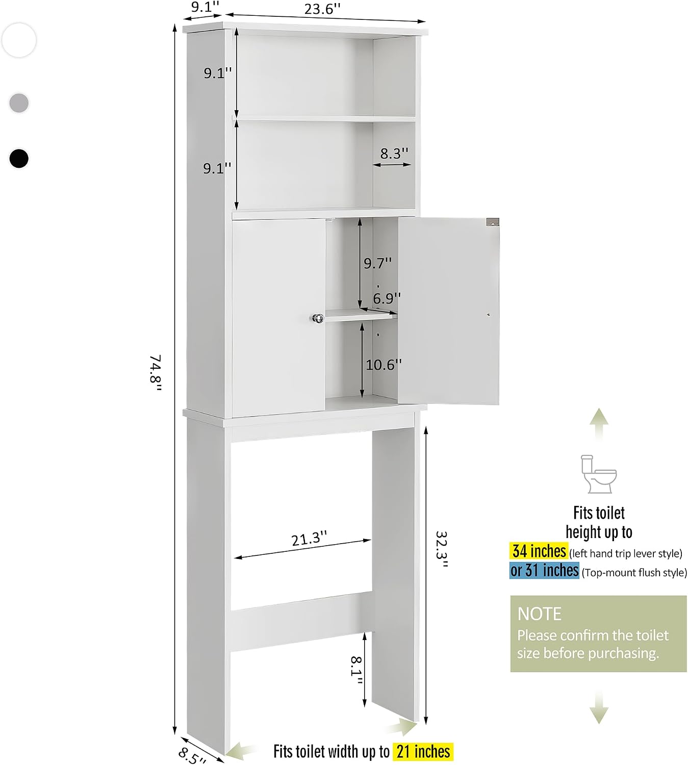 Over the Toilet Storage Cabinet for Bathroom, Extra Tall Over Toilet Storage, Space Saver W/Adjustable Shelf & Open