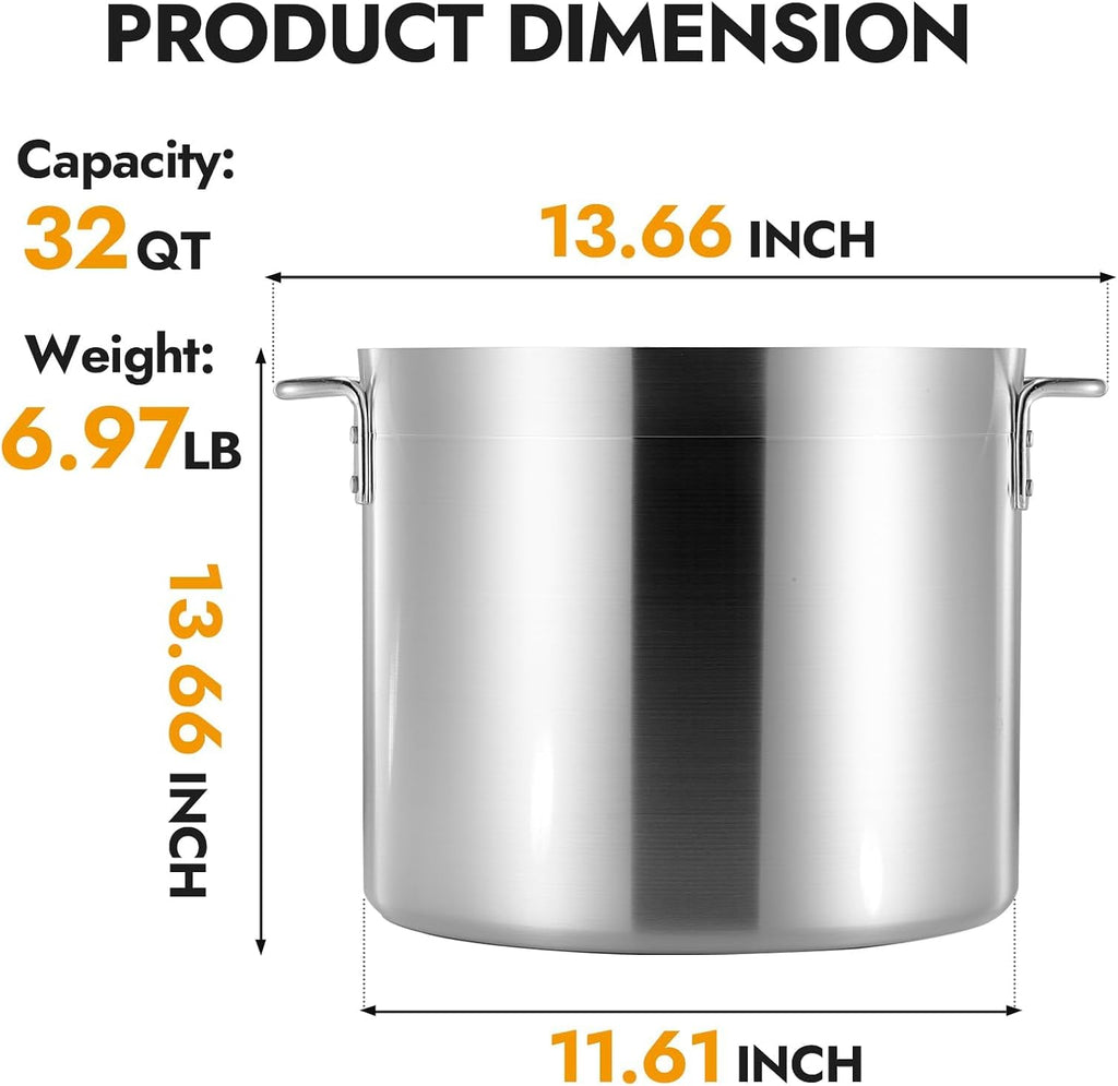 32 Quart Aluminum Stock Pot with Lid, Heavy Duty Commercial Grade Large Capacity Cooking Pot for Boiling, Stewing