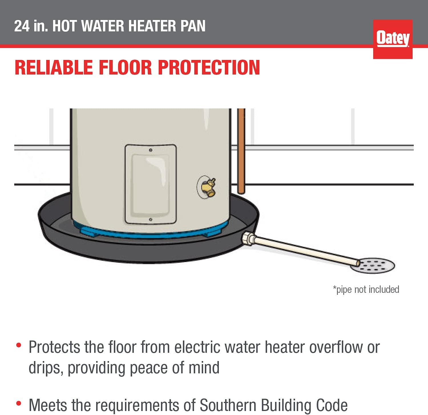 34063 24 in. Plastic Hot Water Heater Pan with 1 to 1.5 in. PVC Adapter, Black