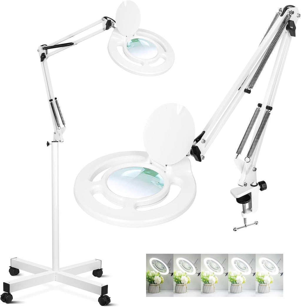 2200 Lumens Esthetician Magnifying Light with Rolling Wheels Base | 12X Real Glass, 144 Bright LED, Stepless