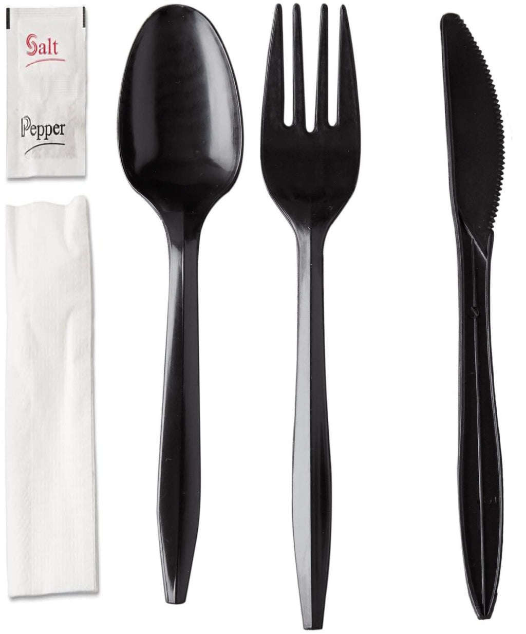 450 Plastic Cutlery Packets - Knife Fork Spoon Napkin Salt Pepper Sets | Black Silverware Sets Individually Wrapped