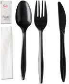450 Plastic Cutlery Packets - Knife Fork Spoon Napkin Salt Pepper Sets | Black Silverware Sets Individually Wrapped