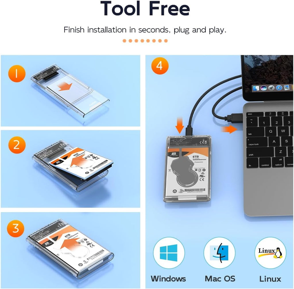 External Hard Drive Enclosure for 7mm 9.5mm 2.5 inch SATA SSD/HDD, 5Gbps USB C to SATA Adapter Storage Case, 6TB