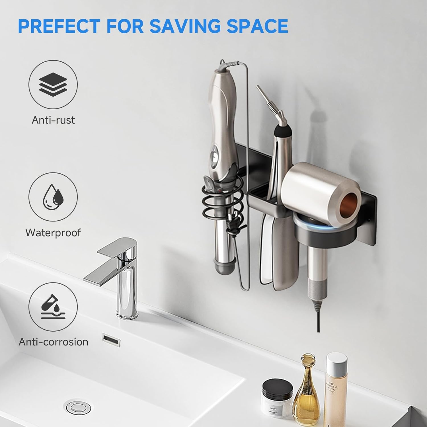 Hair Dryer Holder Wall Mounted,Blow Dryer, Curling Iron, Straightener Holder 3 in 1 Bathroom Metal Hair Tool