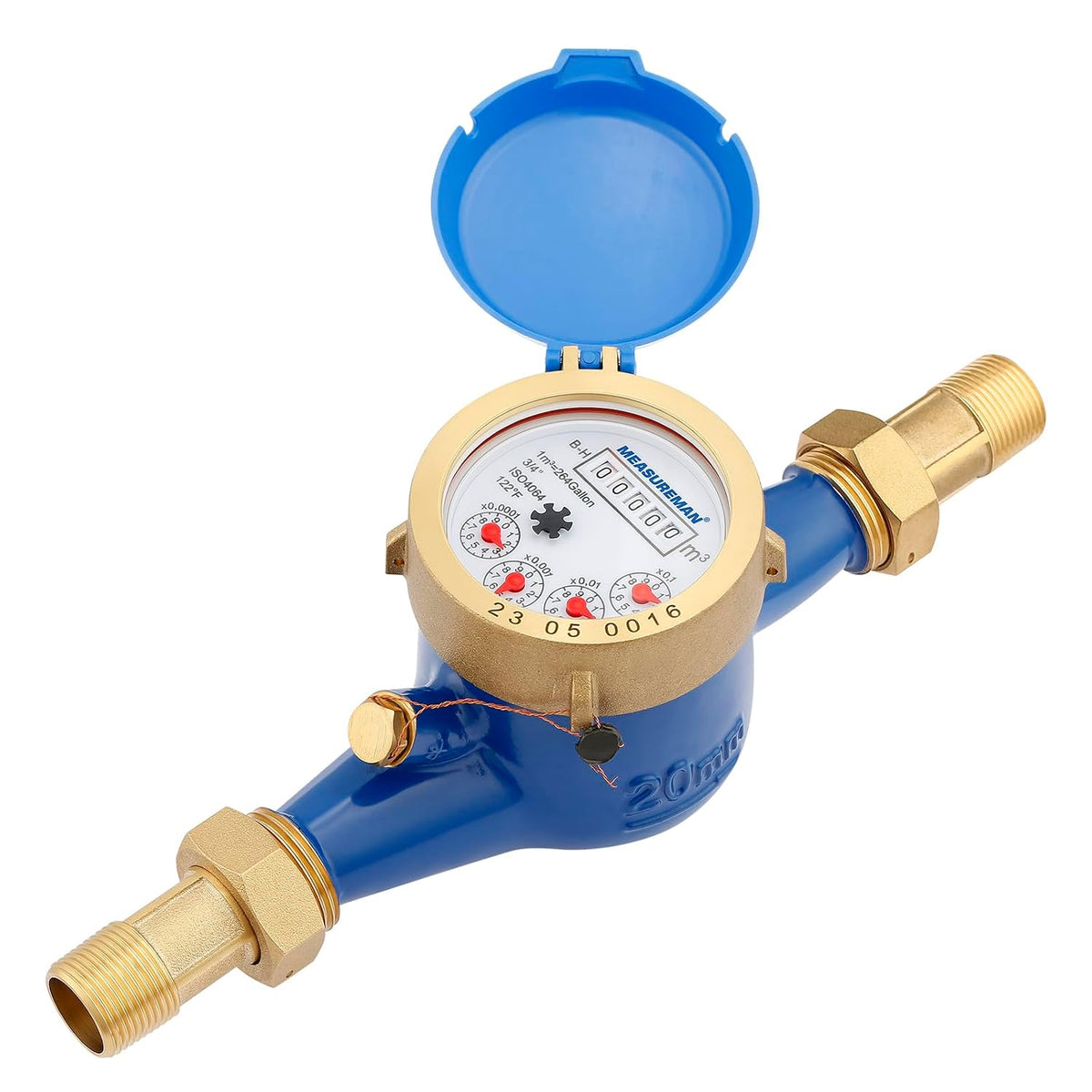 MEASUREMAN 3/4" Non-Pulsed Multi-Jet Cubic Meter Water Meter Brass Body 20mm Flow Cold Water Monitoring for Homes Apartments