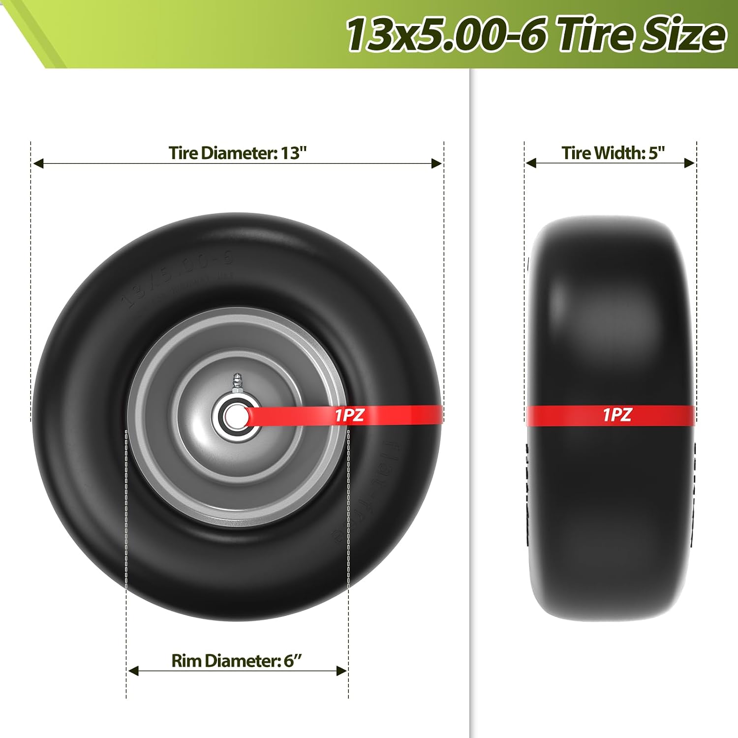 13x5.00-6 Flat Free Lawn Mower Tire and Wheel 13x5x6 Solid Front Tires | for Zero Turn Mower 500Lbs Load 3/4" 5/8"