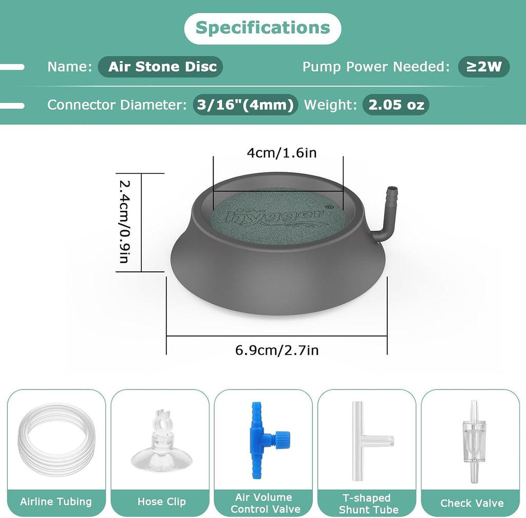 Aquarium Air Stone, Fish Tank Bubbler Aerator with Stainless Steel Base, Oxygen Diffuser for Nano Air Pumps