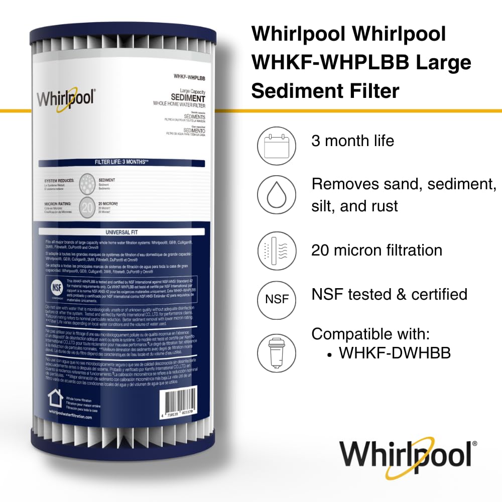 Whirlpool WHKF-WHPLBB Whole House Large Capacity Pleated Sediment Filter, Upgraded 20 Micron Reduces Sand, Soil, Silt