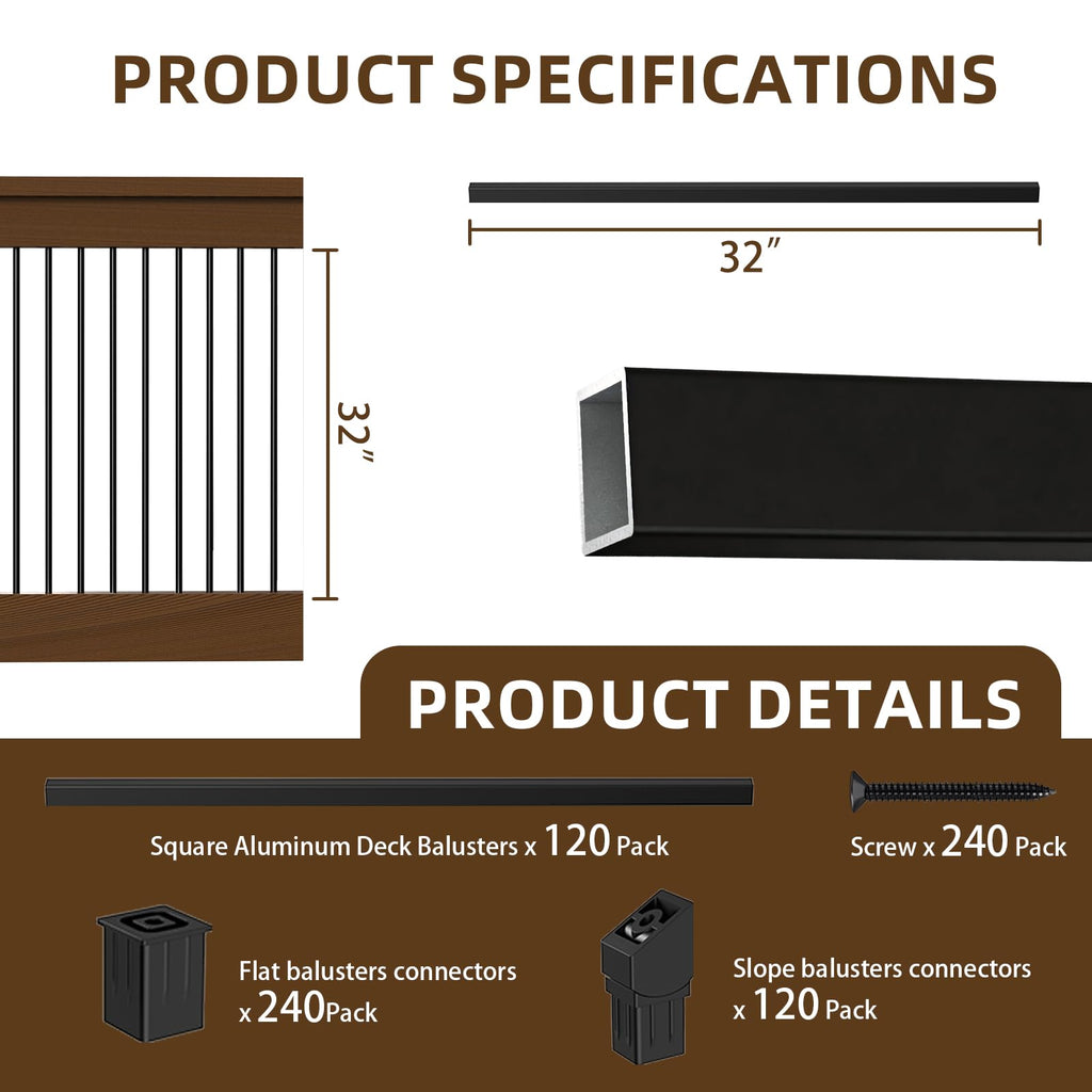 120 Pack 32" Deck Balusters, Square Aluminum Deck Balusters Black Metal Deck Spindles, Flat & Adjustable Angle