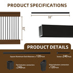 120 Pack 32" Deck Balusters, Square Aluminum Deck Balusters Black Metal Deck Spindles, Flat & Adjustable Angle