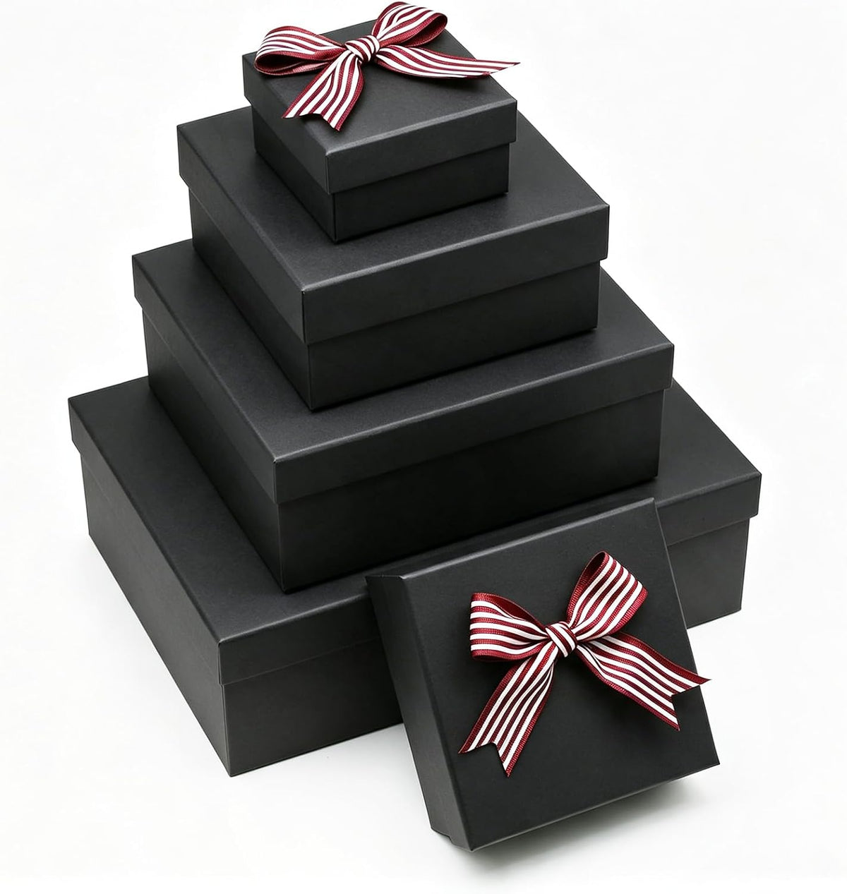 5-Piece Nested Gift Boxes with Lids - Heavy Duty Rigid Black Gift Boxes for Presents with DIY Wine Red and White