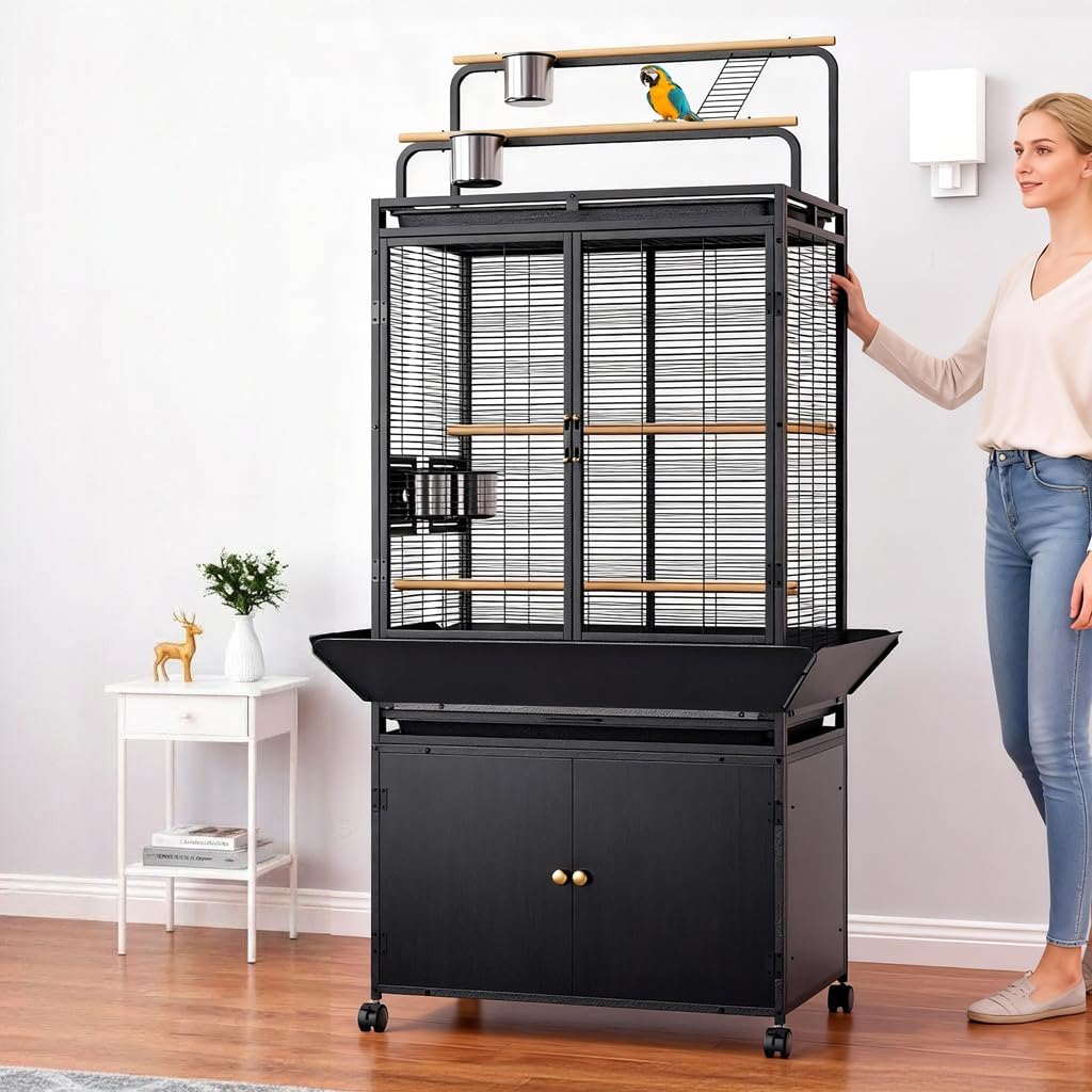 71 Inch Large Bird Cage with Play Top & Storage Cabinet, Wide Flight Cage | Birdcage with Storage for Parrot