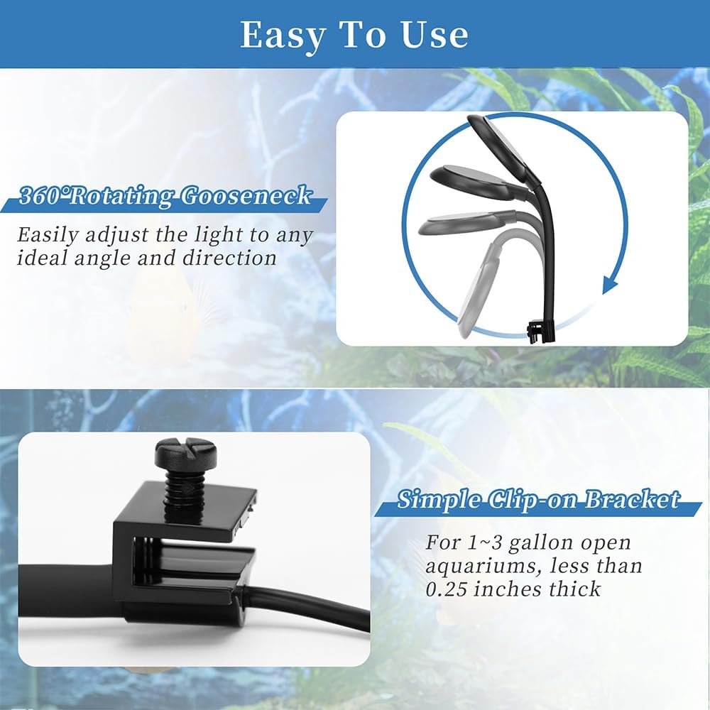Mini Clip On Aquarium Light 7W Dimmable Small Fish Tank Light USB Moving Lamp with White Red Blue Green LED for 1 to