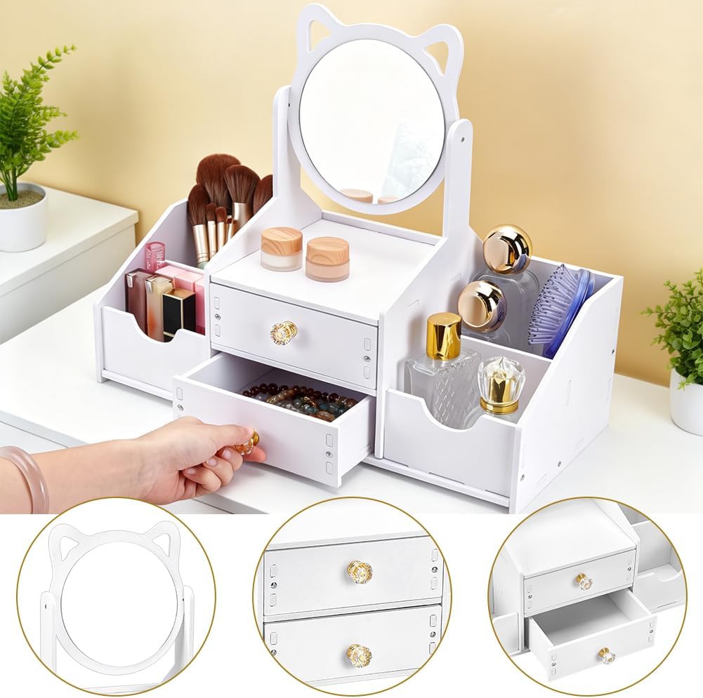 1Pc Wooden Makeup Organizer with Mirror Drawers