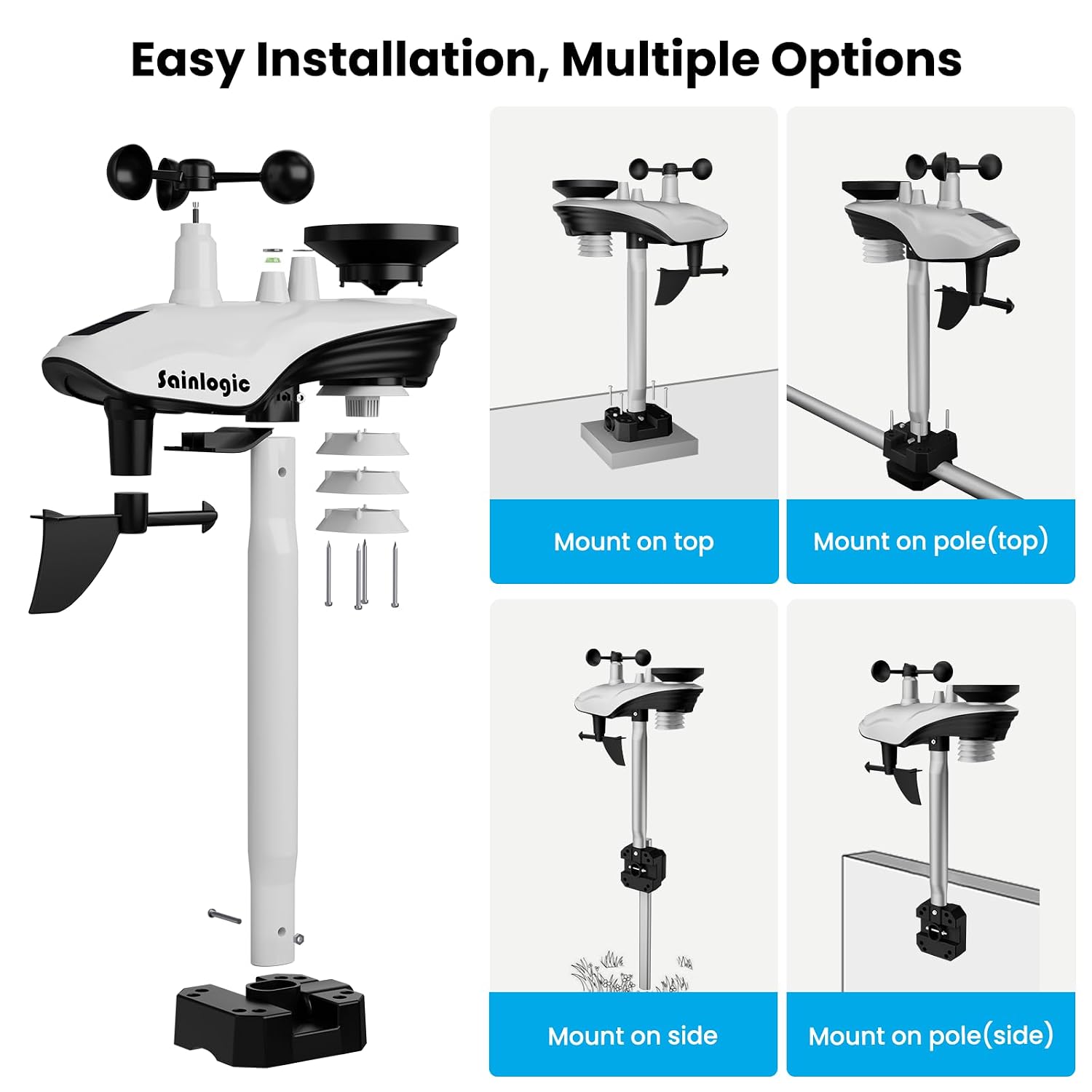 Wireless Weather Station with Rain Gauge & Wind Speed, Indoor Outdoor Thermometer, Humidity, Weather Forecast, Moon