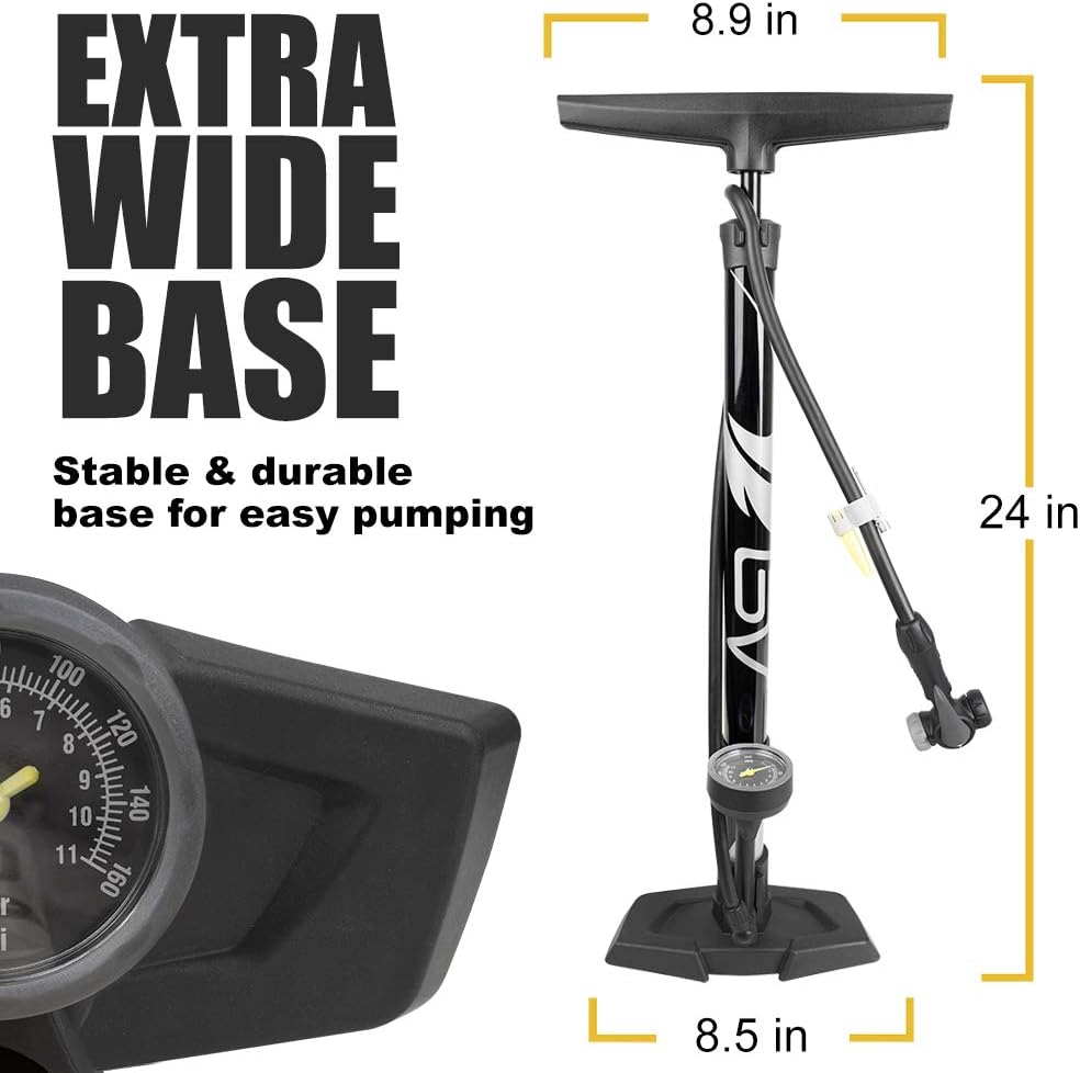 Bicycle Pump Durable Bike Floor Pump 17/24 inch Smart Valve Head, 160 psi, Automatically Reversible Presta and Schrader