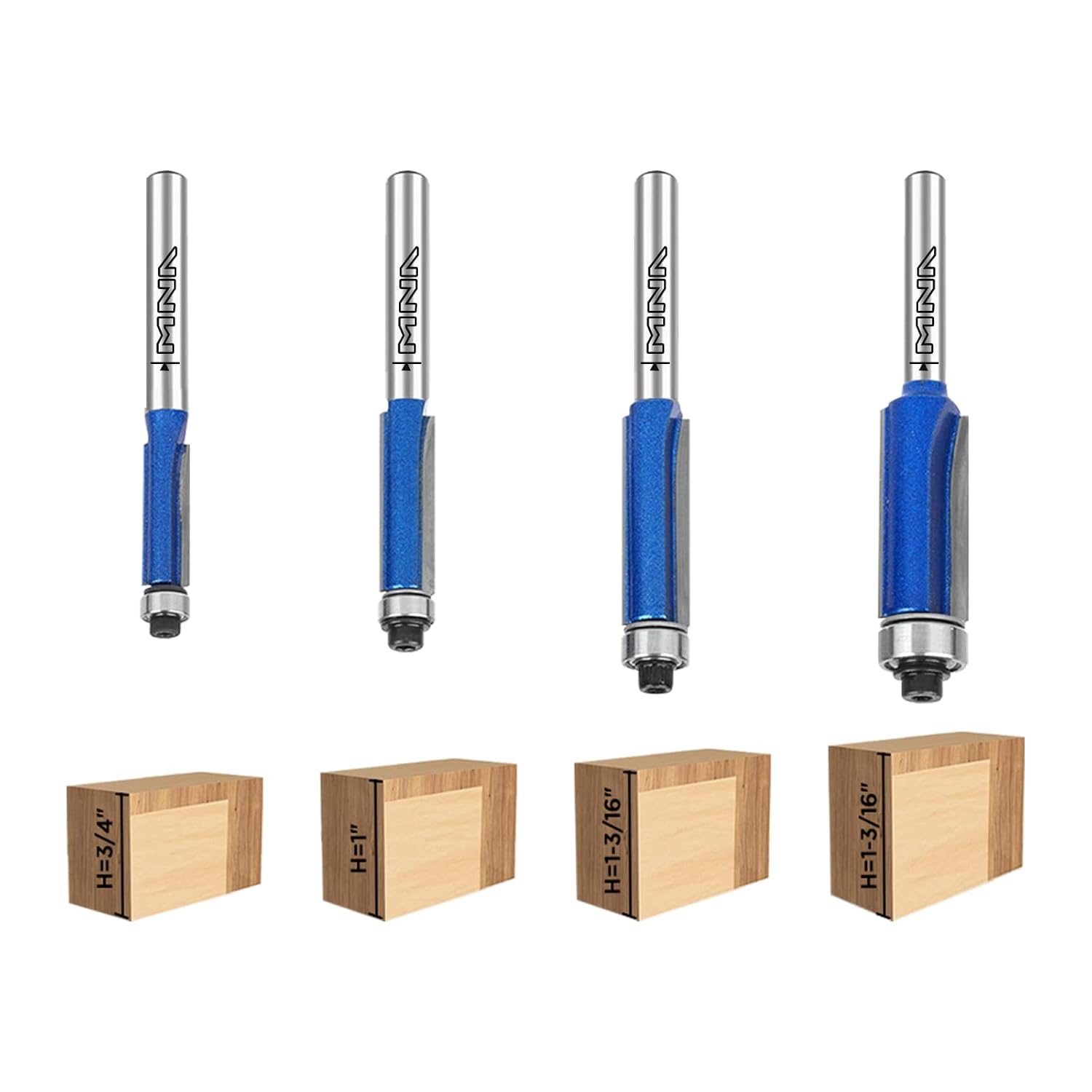 Top Bearing Flush Trimming Router Bits Set of 4, Straight Flush Trimming Router Bits Set. 1/4" Shank. Cut to Heights