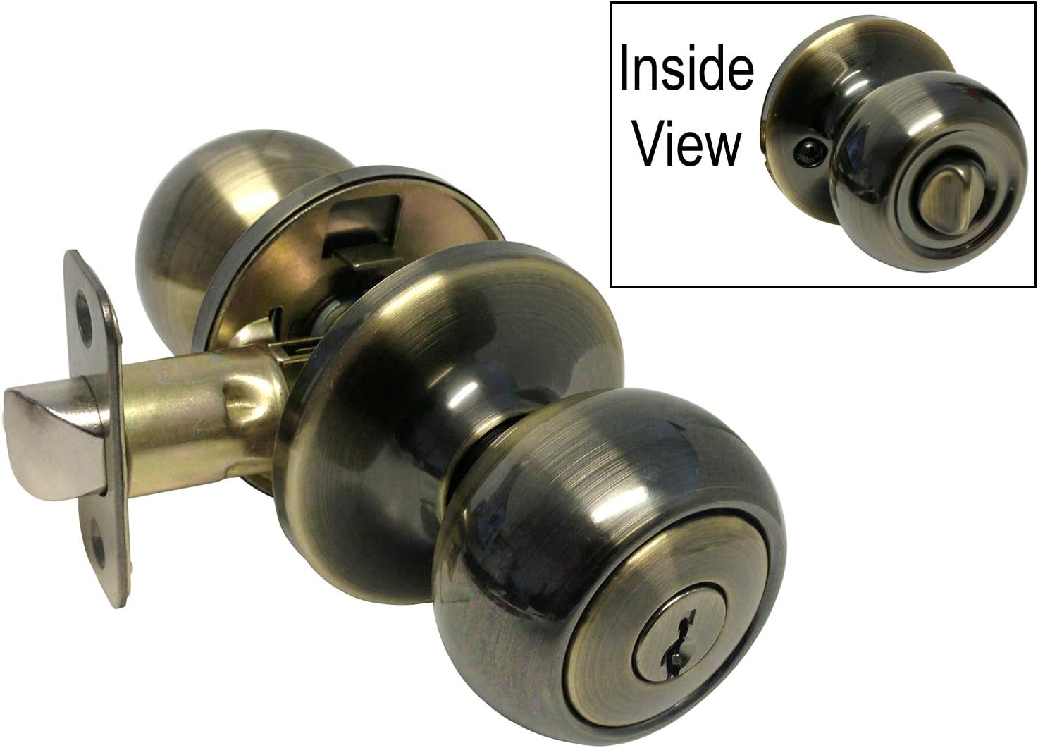 Antique Brass Entry Entrance Round Knob with Matching Double Cylinder (keyed on Both Sides) Deadbolt Pack Keyed Alike