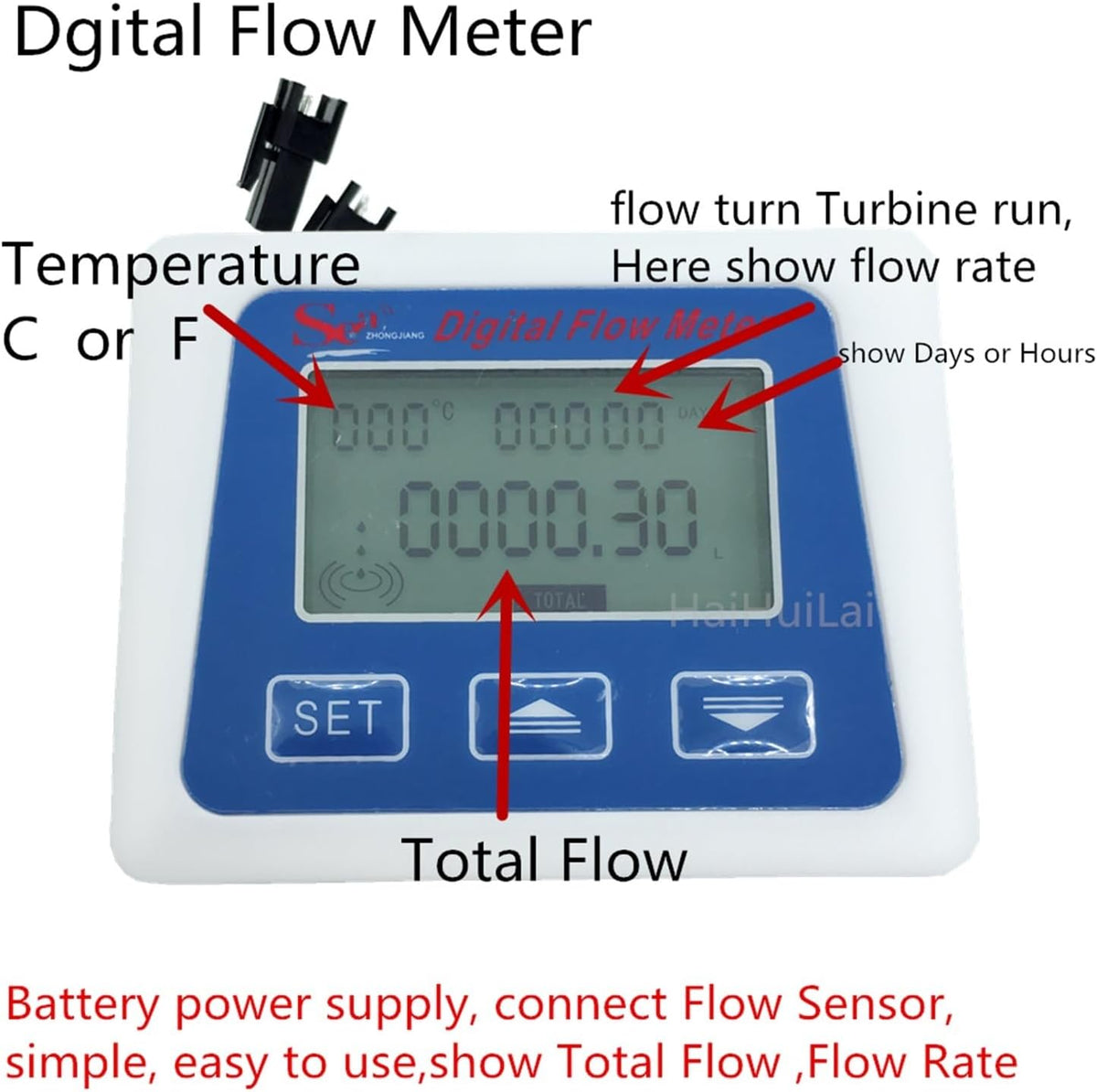 Water Flow Sensor Digital LCD Display Water Flow Sensor Meter, Flowmeter Totalmeter with 3/8" / 1/4" Flow Battery Working Meter(1/4")