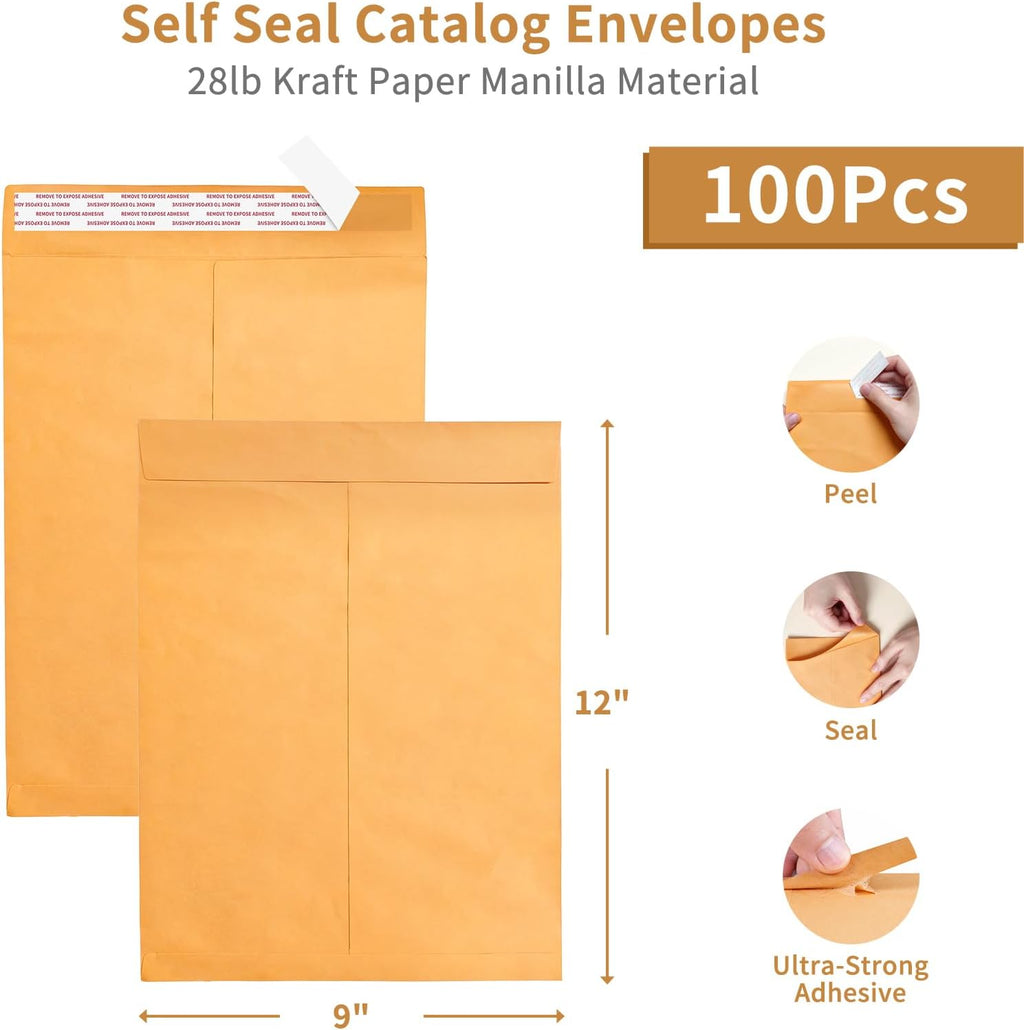 Self Seal Catalog Envelopes 9x12, 100 Pack, Yellow Brown Kraft Manilla