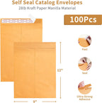 Self Seal Catalog Envelopes 9x12, 100 Pack, Yellow Brown Kraft Manilla