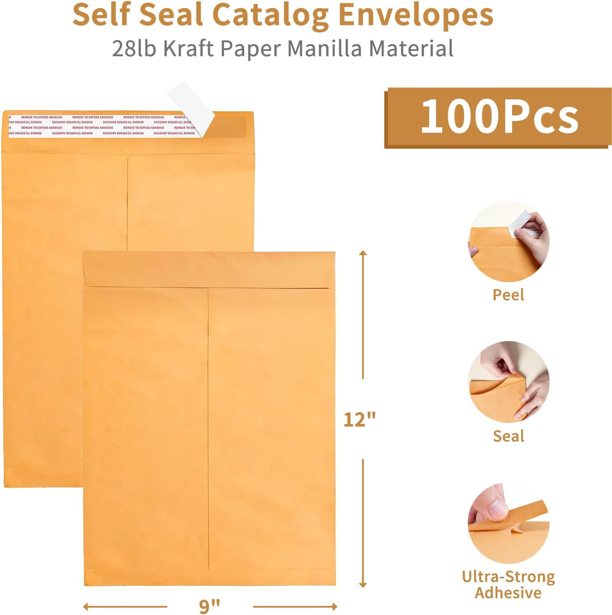 Self Seal Catalog Envelopes 9x12, 100 Pack, Yellow Brown Kraft Manilla