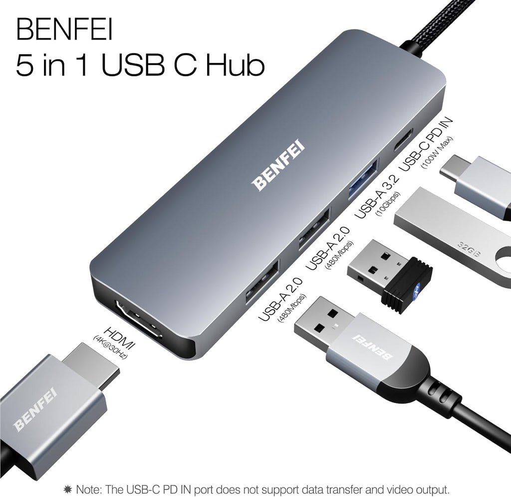 USB C Hub 5-in-1 with 4K HDMI(Certified), 100W Power Delivery, 3 USB-A, Silicone Cable, Aluminum Case Compatible with