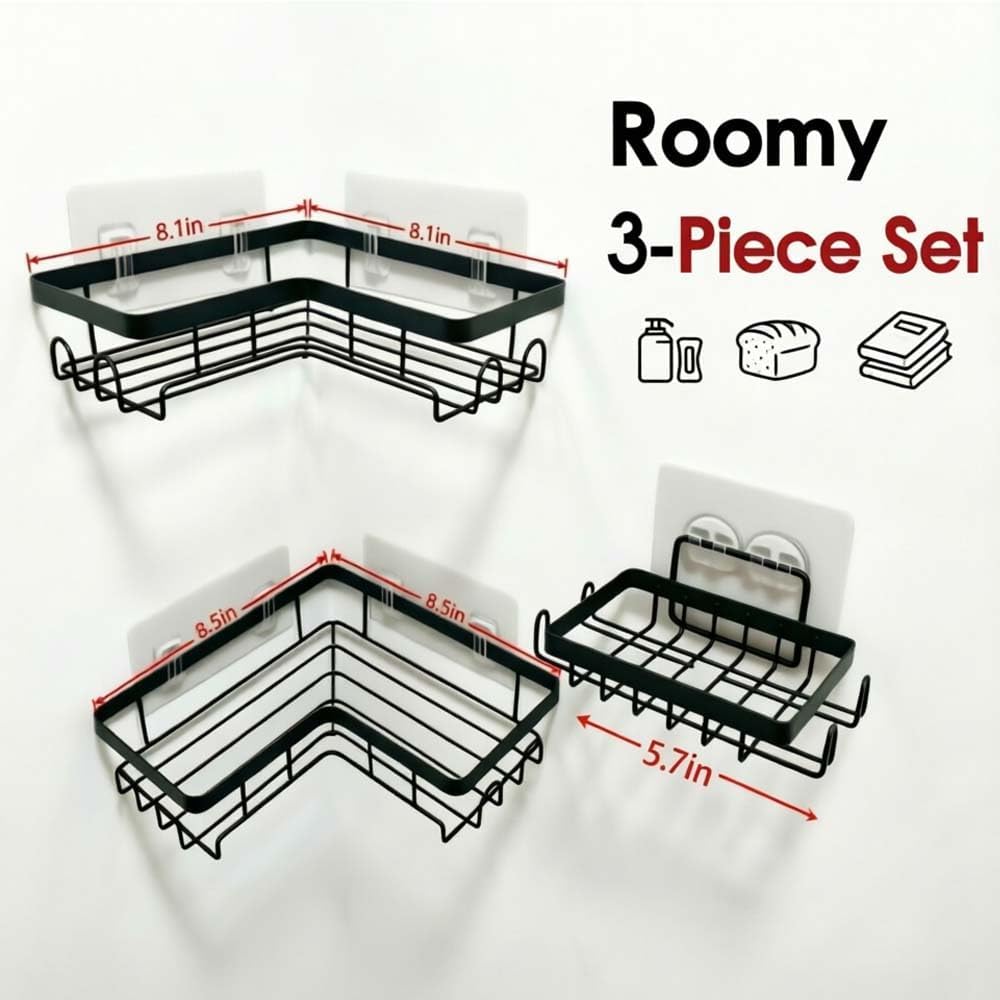 Corner Shower Caddy, 3 Pack Adhesive No-Drill Shelf, Rustproof Bathroom Organizer Rack with Hooks