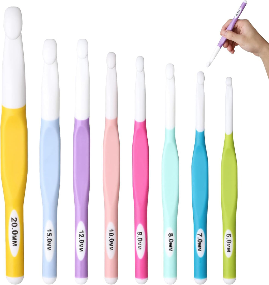 8 Sizes Large Crochet Hooks Set for Chunky Yarn, Ergonomic | 6-20mm large crochet hooks with long shafts and rubber