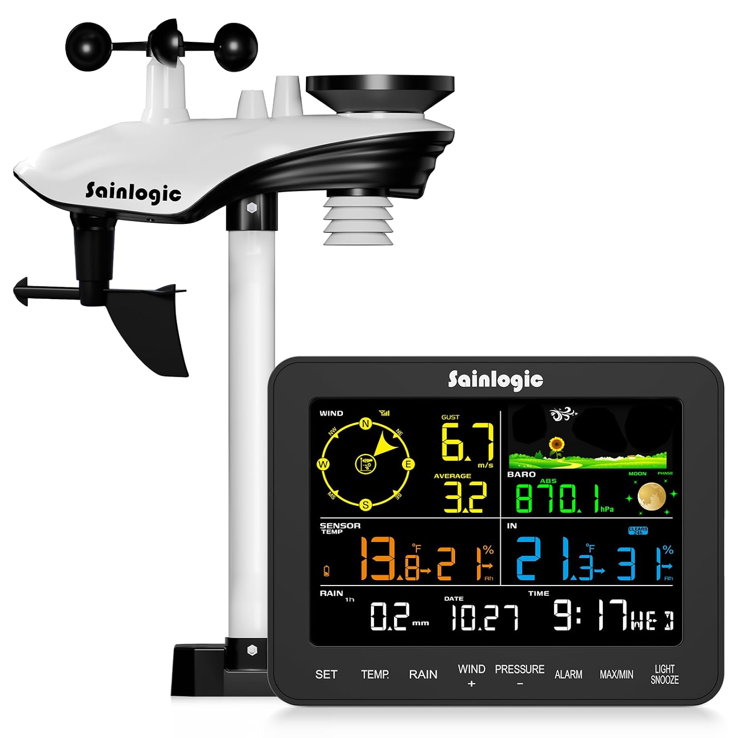 Wireless Home Weather Station with Rain Gauge, Monitors Indoor Outdoor Temperature, Humidity, Pressure, Forecast